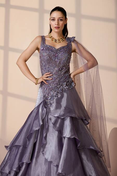 Chaashni By Maansi And Ketan_Purple Organza, Net Sequins, Beads Sweetheart Neck Designer Embroidered Gown _at_Aza_Fashions