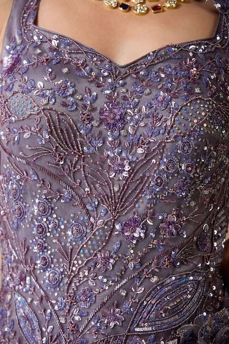 Buy_Chaashni By Maansi And Ketan_Purple Organza, Net Sequins, Beads Sweetheart Neck Designer Embroidered Gown 