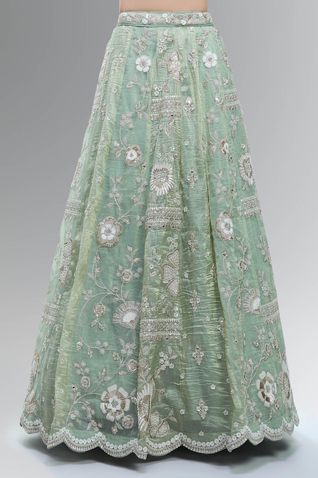 Samyukta Singhania_Green Tissue, Net Embroidery, Beads, Sequins, Zari, Stones, Pearls Lehenga Set_at_Aza_Fashions