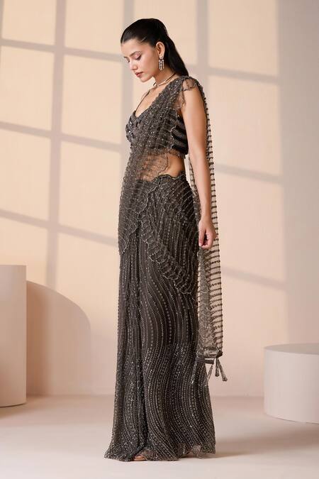 Chaashni By Maansi And Ketan_Green Net Beads, Sequins, Crystals, Cut Work Designer Pre-draped Saree Set _at_Aza_Fashions