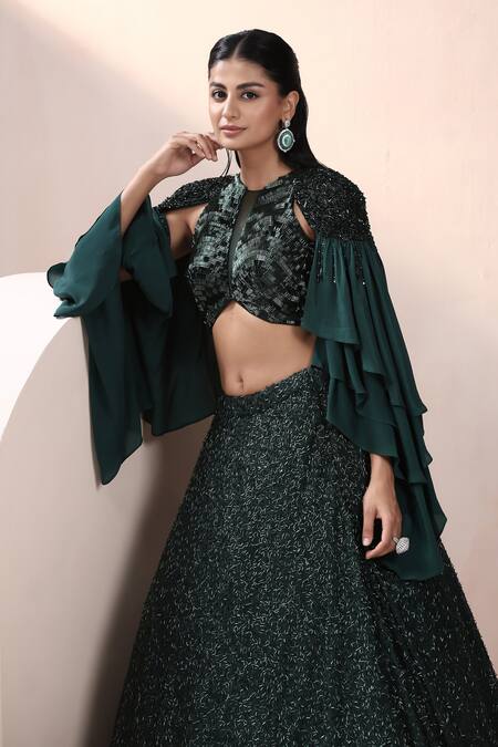 Chaashni By Maansi And Ketan_Green Sequins, Crystals, Beads Round Neck Designer Fusion Lehenga Set_Online_at_Aza_Fashions