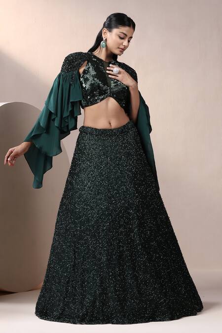 Buy_Chaashni By Maansi And Ketan_Green Sequins, Crystals, Beads Round Neck Designer Fusion Lehenga Set_Online_at_Aza_Fashions