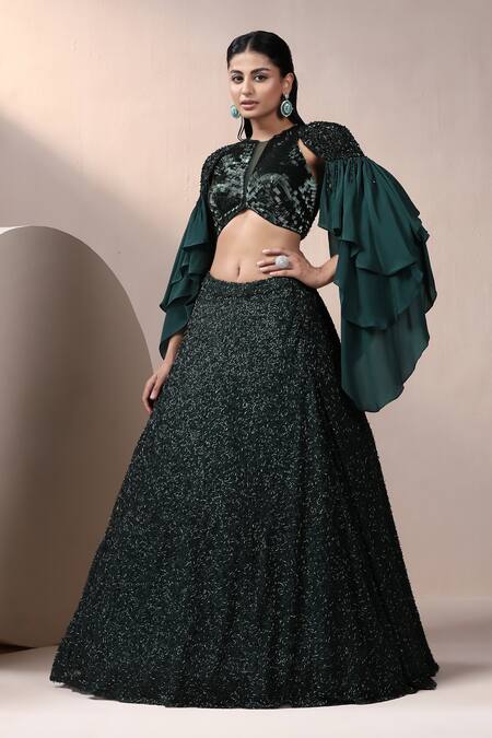 Chaashni By Maansi And Ketan_Green Sequins, Crystals, Beads Round Neck Designer Fusion Lehenga Set_at_Aza_Fashions