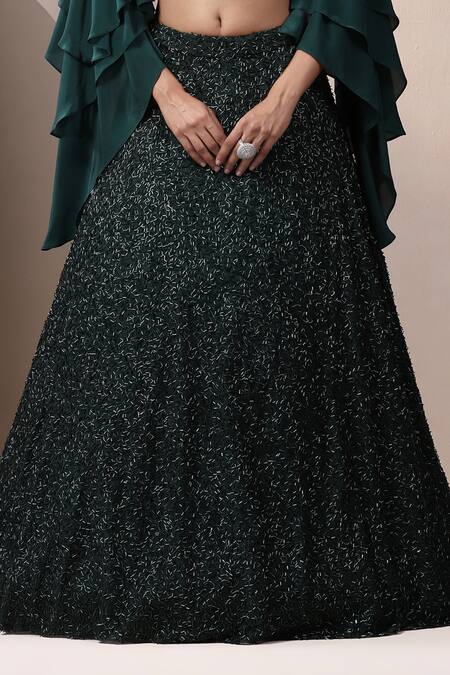 Buy_Chaashni By Maansi And Ketan_Green Sequins, Crystals, Beads Round Neck Designer Fusion Lehenga Set