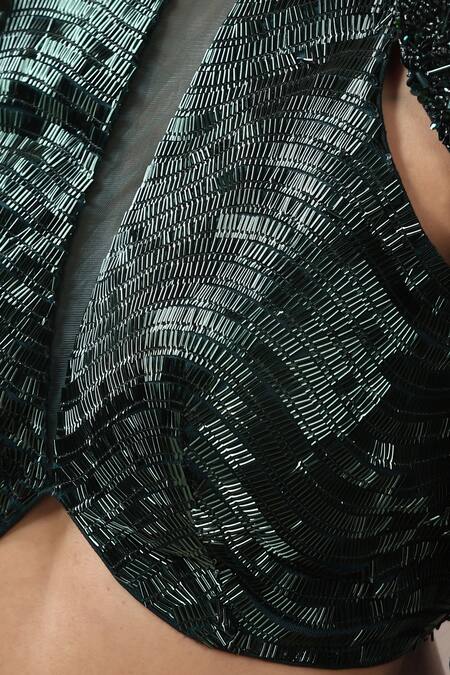 Shop_Chaashni By Maansi And Ketan_Green Sequins, Crystals, Beads Round Neck Designer Fusion Lehenga Set