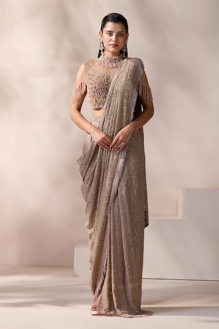 Chaashni by Maansi and Ketan Champagne Embellished Pre-Draped Saree Set 