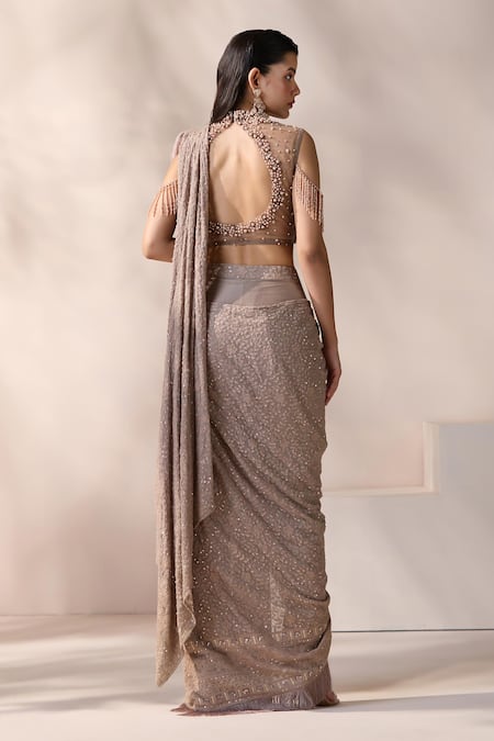 Chaashni By Maansi And Ketan Champagne Embellished Pre-Draped Saree Set 