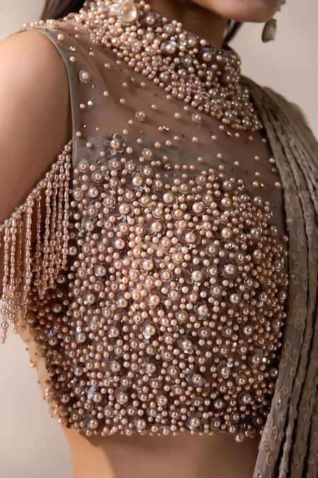 Buy_Chaashni By Maansi And Ketan_Gold Net, Georgette, Silk Pearls, Champagne Embellished Pre-draped Saree Set _Online_at_Aza_Fashions