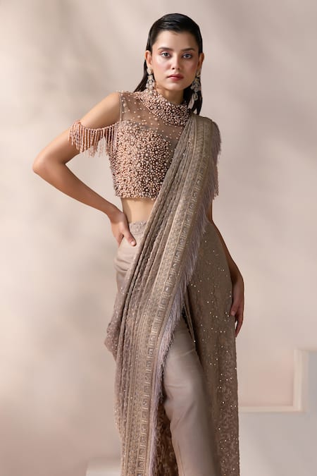 Shop_Chaashni By Maansi And Ketan_Gold Net, Georgette, Silk Pearls, Champagne Embellished Pre-draped Saree Set _Online_at_Aza_Fashions