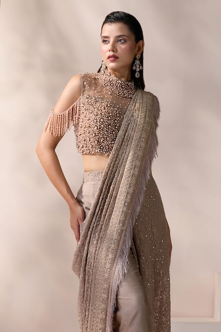 Buy_Chaashni By Maansi And Ketan_Gold Net, Georgette, Silk Pearls, Champagne Embellished Pre-draped Saree Set 