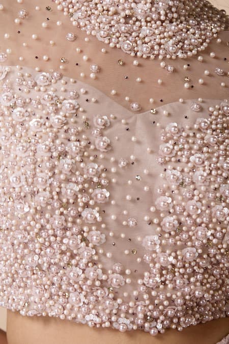 Buy_Chaashni By Maansi And Ketan_Pink Net, Silk Sequins, Embroidery, Pearls High Designer Pre-draped Saree Set _Online_at_Aza_Fashions