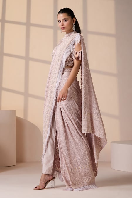 Shop_Chaashni By Maansi And Ketan_Pink Net, Silk Sequins, Embroidery, Pearls High Designer Pre-draped Saree Set _Online_at_Aza_Fashions