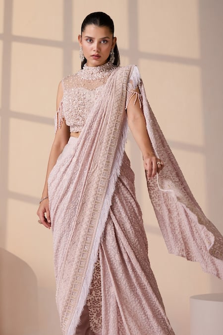 Buy_Chaashni By Maansi And Ketan_Pink Net, Silk Sequins, Embroidery, Pearls High Designer Pre-draped Saree Set 