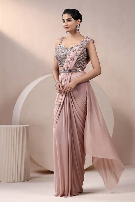 Buy_Chaashni By Maansi And Ketan_Peach Net Sequins, Zari, Embroidery Sweetheart Designer Pre-draped Saree Set _Online_at_Aza_Fashions