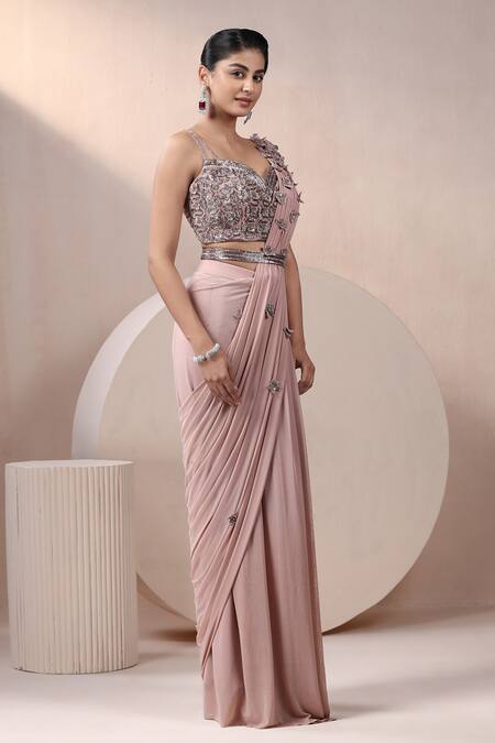 Shop_Chaashni By Maansi And Ketan_Peach Net Sequins, Zari, Embroidery Sweetheart Designer Pre-draped Saree Set _Online_at_Aza_Fashions