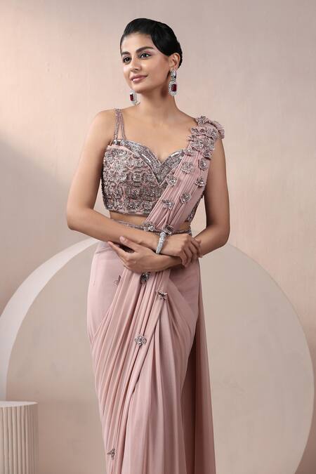 Chaashni By Maansi And Ketan_Peach Net Sequins, Zari, Embroidery Sweetheart Designer Pre-draped Saree Set _at_Aza_Fashions