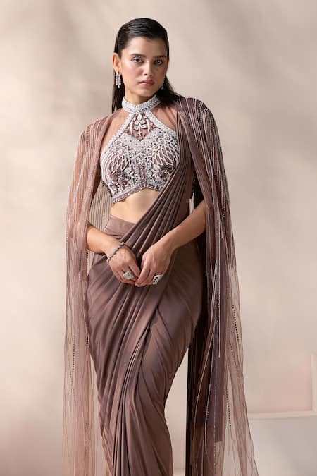 Chaashni By Maansi And Ketan Brown Net, Lycra Sequins, Crystals, Mouse Embroidered Pre-draped Saree Set Online at Aza Fashions Chaashni By Maansi And Ketan_Brown Net, Lycra Sequins, Crystals, Mouse Embroidered Pre-draped Saree Set_Online_at_Aza_Fashions