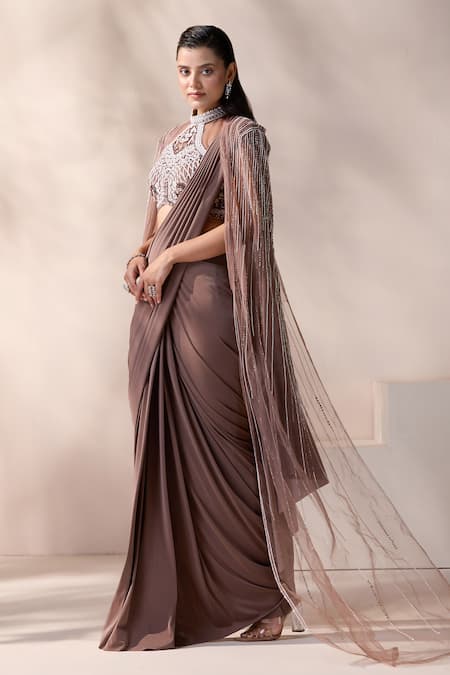Buy Chaashni By Maansi And Ketan Brown Net, Lycra Sequins, Crystals, Mouse Embroidered Pre-draped Saree Set Online at Aza Fashions Buy_Chaashni By Maansi And Ketan_Brown Net, Lycra Sequins, Crystals, Mouse Embroidered Pre-draped Saree Set_Online_at_Aza_Fashions