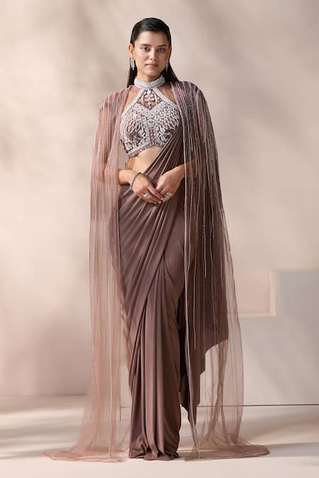 Chaashni by Maansi and Ketan Mouse Net Embroidered Pre-Draped Saree Set 