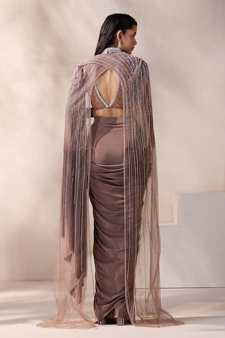 Chaashni By Maansi And Ketan Mouse Net Embroidered Pre-Draped Saree Set 