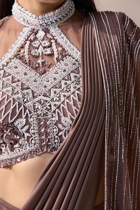 Chaashni By Maansi And Ketan Brown Net, Lycra Sequins, Crystals, Mouse Embroidered Pre-draped Saree Set at Aza Fashions Chaashni By Maansi And Ketan_Brown Net, Lycra Sequins, Crystals, Mouse Embroidered Pre-draped Saree Set_at_Aza_Fashions