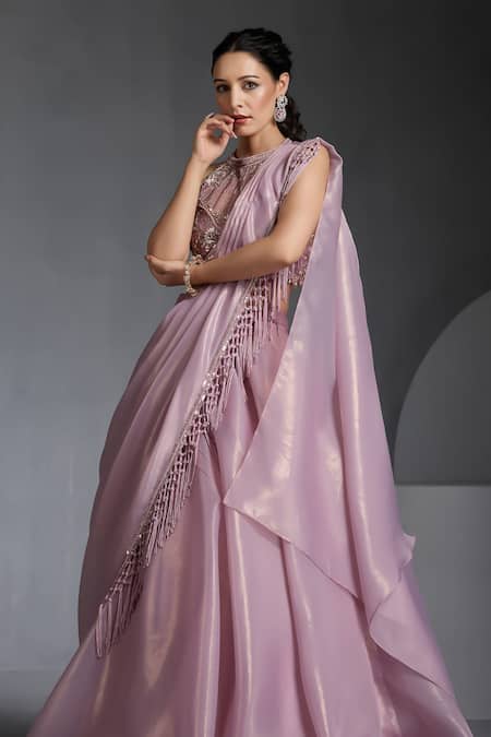 Buy_Chaashni By Maansi And Ketan_Pink Net, Organza Sequins, Pearls Halter Neck Designer Fusion Lehenga Set _Online_at_Aza_Fashions