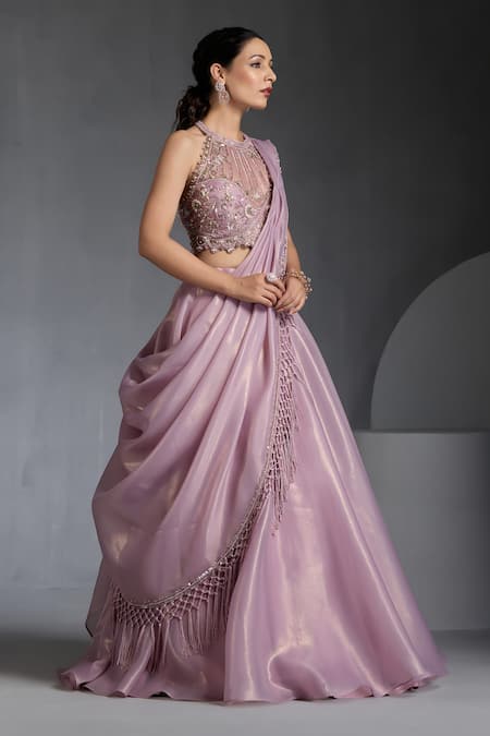 Shop_Chaashni By Maansi And Ketan_Pink Net, Organza Sequins, Pearls Halter Neck Designer Fusion Lehenga Set _Online_at_Aza_Fashions