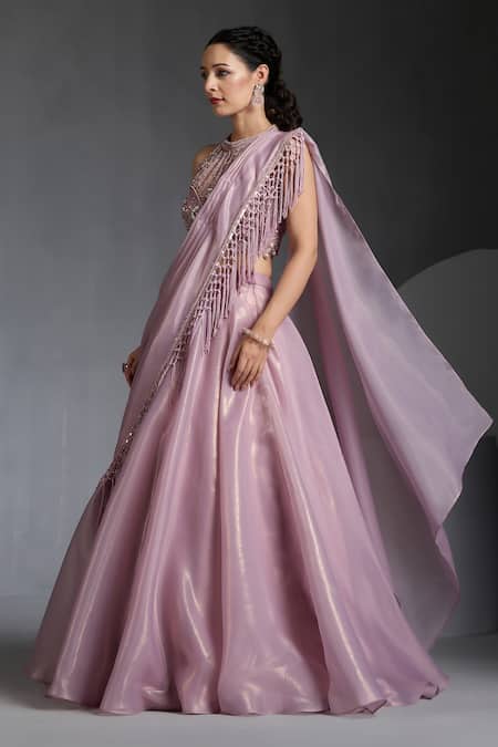 Chaashni By Maansi And Ketan_Pink Net, Organza Sequins, Pearls Halter Neck Designer Fusion Lehenga Set _at_Aza_Fashions