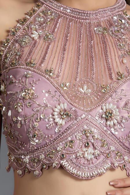 Buy_Chaashni By Maansi And Ketan_Pink Net, Organza Sequins, Pearls Halter Neck Designer Fusion Lehenga Set 