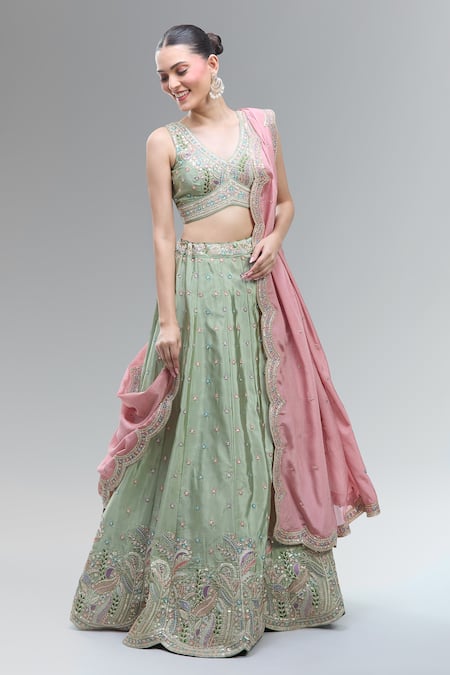 Samyukta Singhania Green Satin Embroidered Lehenga Set 