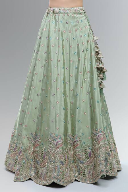 Buy_Samyukta Singhania_Green Satin, Polyester, Chiffon Beads, Sequins, Zari, Embroidered Lehenga Set_Online_at_Aza_Fashions