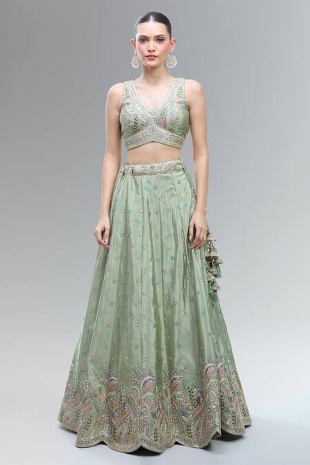 Samyukta Singhania_Green Satin, Polyester, Chiffon Beads, Sequins, Zari, Embroidered Lehenga Set_at_Aza_Fashions
