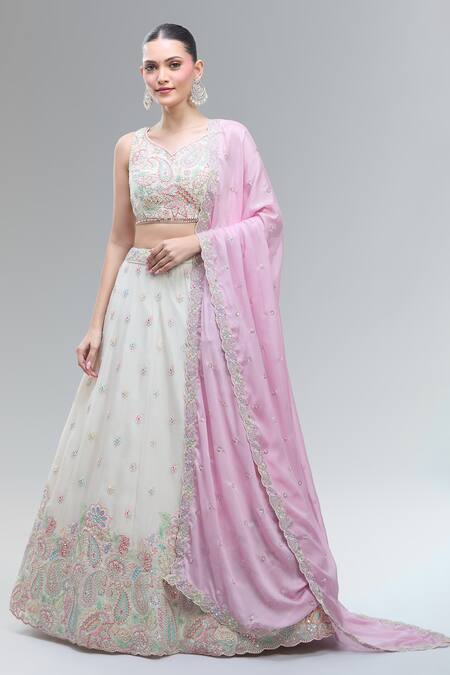 Samyukta Singhania_Cream Polyester, Georgette Embroidery, Beads, Sequins, Classic Lehenga Set_at_Aza_Fashions