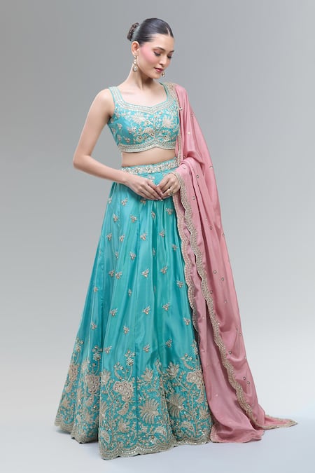 Samyukta Singhania Turquoise Blue Embroidered Lehenga Set 