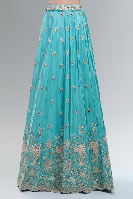 Shop_Samyukta Singhania_Turquoise Satin, Polyester Beads, Sequins, Zari, Blue Embroidered Lehenga Set _Online_at_Aza_Fashions