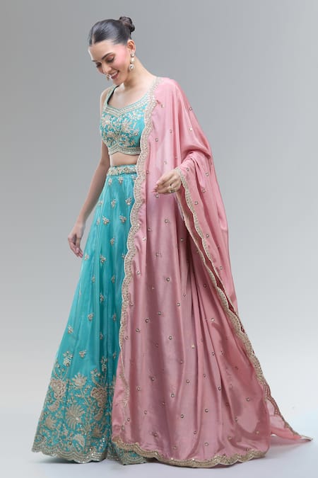 Samyukta Singhania_Turquoise Satin, Polyester Beads, Sequins, Zari, Blue Embroidered Lehenga Set _at_Aza_Fashions