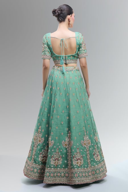 Shop_Samyukta Singhania_Green Tissue Beads, Sequins, Zari, Pearls, Stones Embroidered Lehenga Set _at_Aza_Fashions