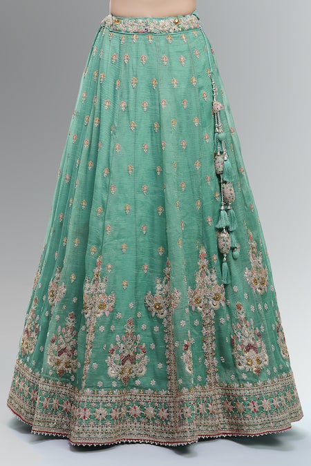 Samyukta Singhania_Green Tissue Beads, Sequins, Zari, Pearls, Stones Embroidered Lehenga Set _Online_at_Aza_Fashions
