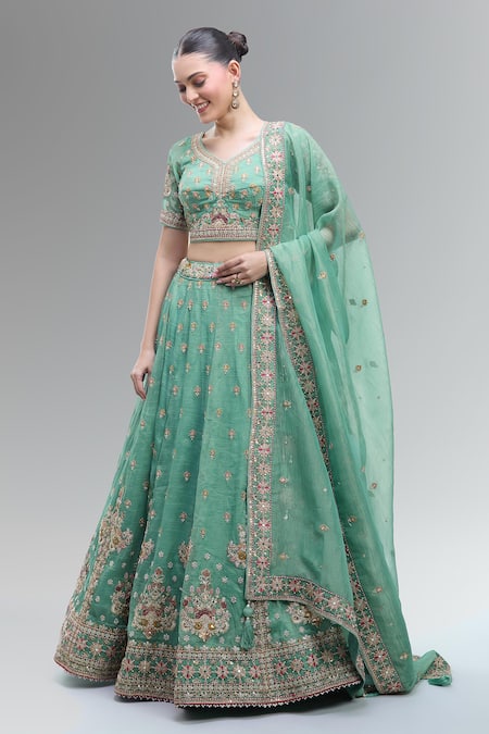 Shop_Samyukta Singhania_Green Tissue Beads, Sequins, Zari, Pearls, Stones Embroidered Lehenga Set _Online_at_Aza_Fashions