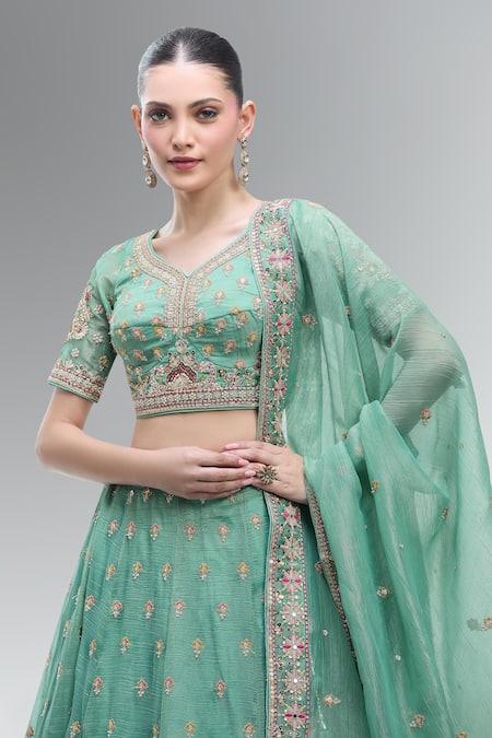 Samyukta Singhania_Green Tissue Beads, Sequins, Zari, Pearls, Stones Embroidered Lehenga Set _at_Aza_Fashions