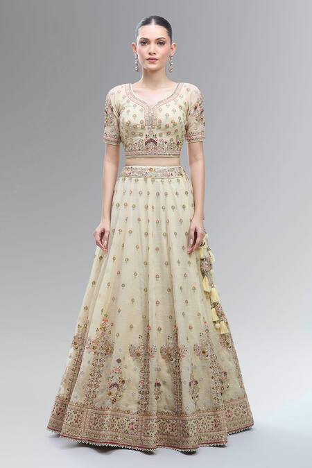 Samyukta Singhania Cream Tissue Beads, Sequins, Zari, Pearls, Classic Embroidered Lehenga Set Online at Aza Fashions Samyukta Singhania_Cream Tissue Beads, Sequins, Zari, Pearls, Classic Embroidered Lehenga Set_Online_at_Aza_Fashions
