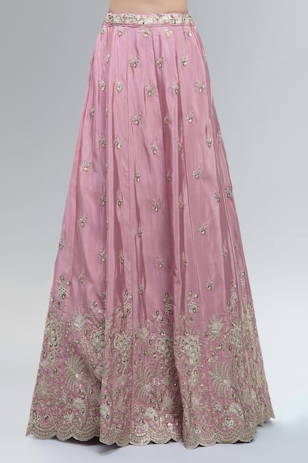 Shop_Samyukta Singhania_Pink Satin, Polyester, Chiffon Embroidery, Sequins, Zari, Beads, Lehenga Set _Online_at_Aza_Fashions