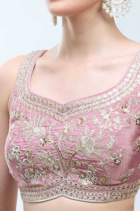 Samyukta Singhania_Pink Satin, Polyester, Chiffon Embroidery, Sequins, Zari, Beads, Lehenga Set _at_Aza_Fashions