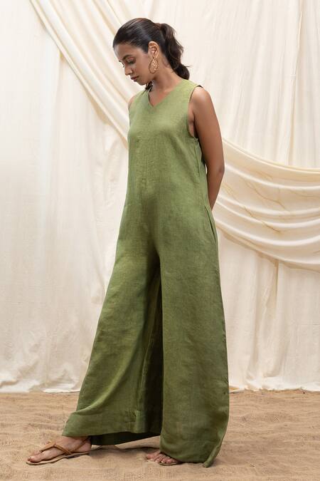 Shop_Akashi Clothing_Green Linen Embroidery V-neck Designer Jumpsuit _Online_at_Aza_Fashions