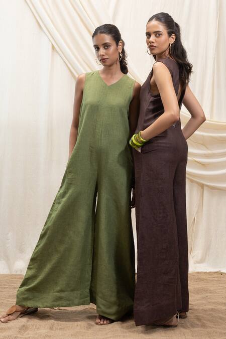 Akashi Clothing_Green Linen Embroidery V-neck Designer Jumpsuit _at_Aza_Fashions
