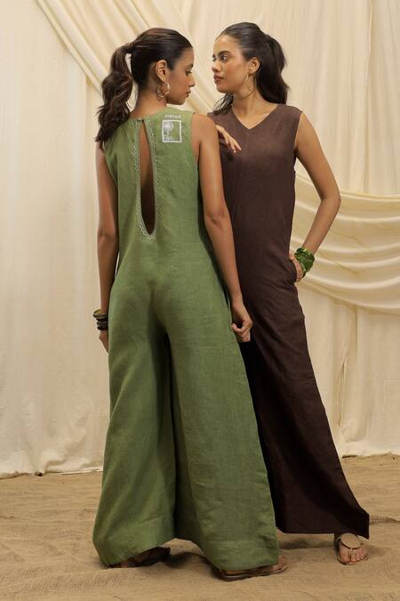 Buy Akashi Clothing Brown Linen Embroidery V-neck Designer Jumpsuit Buy_Akashi Clothing_Brown Linen Embroidery V-neck Designer Jumpsuit
