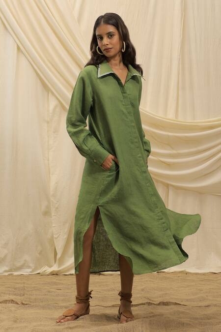 Akashi Clothing Green Linen Collared Shirt Dress at Aza Fashions Akashi Clothing_Green Linen Collared Shirt Dress _at_Aza_Fashions