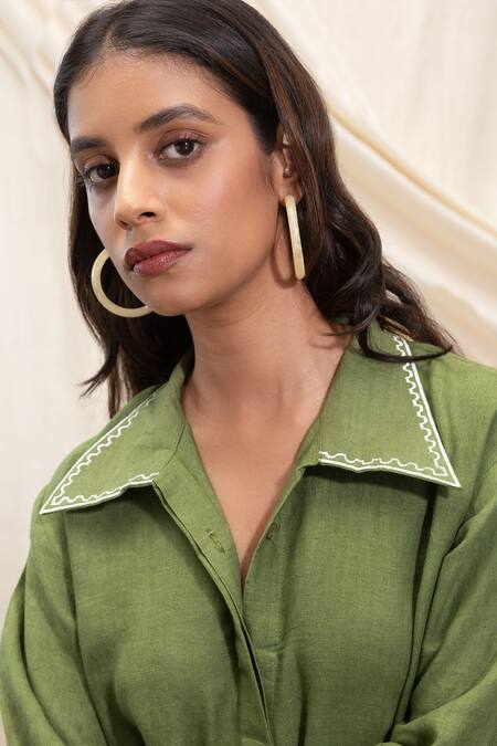 Buy Akashi Clothing Green Linen Collared Shirt Dress Buy_Akashi Clothing_Green Linen Collared Shirt Dress