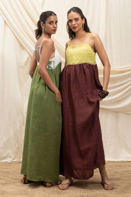 Akashi Clothing_Olive Green Linen Square Neck Sun Dress_Online_at_Aza_Fashions