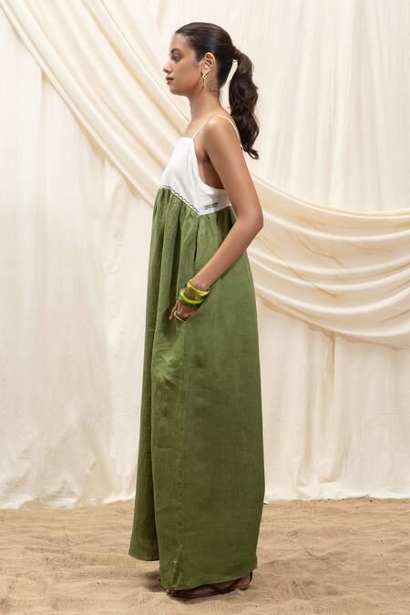 Shop_Akashi Clothing_Olive Green Linen Square Neck Sun Dress_Online_at_Aza_Fashions